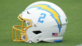 A Chargers helmet on the field