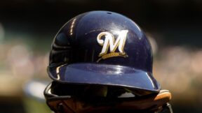 A close-up of a Brewers helmet