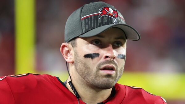 Baker Mayfield in pads and a hat