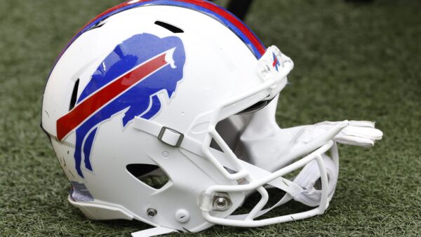 A Buffalo Bills helmet on the turf