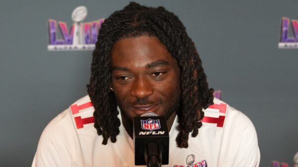 Brandon Aiyuk at a Super Bowl press conference