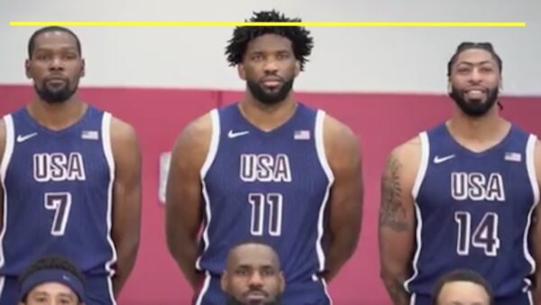 Kevin Durant and Joel Embiid post for the Team USA photo