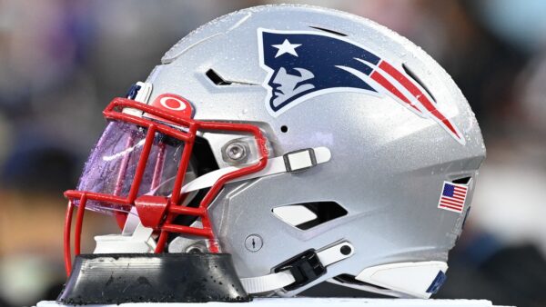 Patriots helmet on the bench