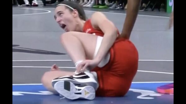 Caitlin Clark reacts after hurting her ankle