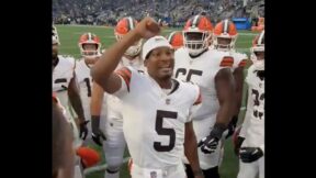 Jameis Winston giving a speech before a Browns preseason game