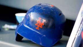 A Mets helmet in the dugout