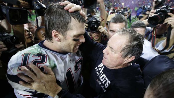 Tom Brady and Bill Belichick celebrate