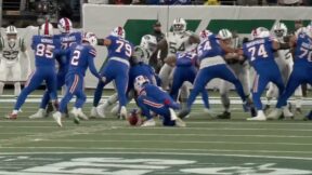 Bills kicker Tyler Bass kicking a PAT attempt against the Jets